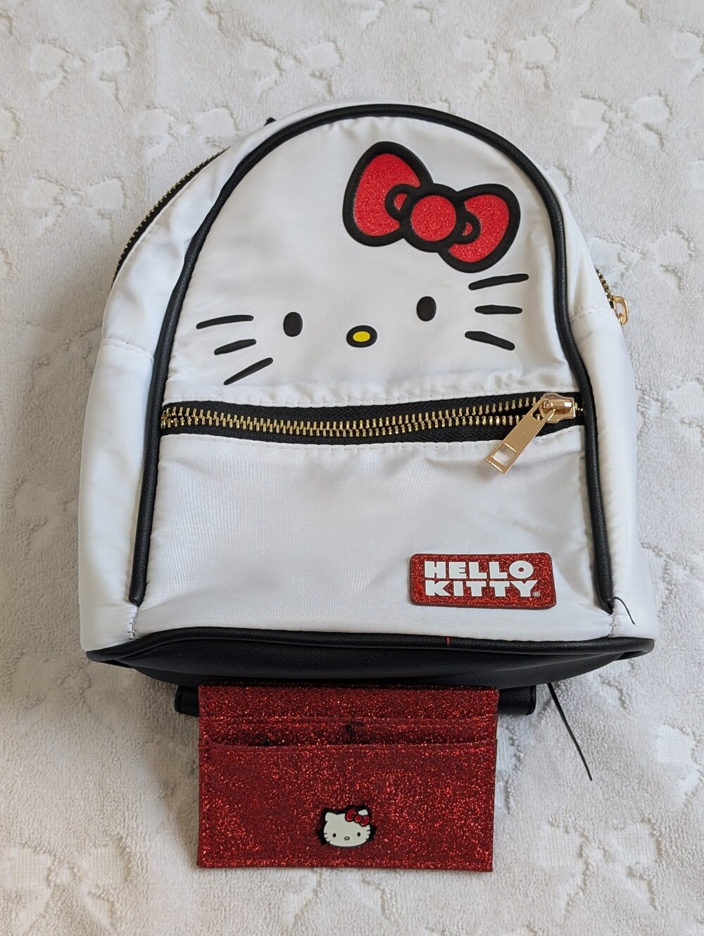 Hello Kitty White & Red Kids Mini Backpack with Glitter Card Holder